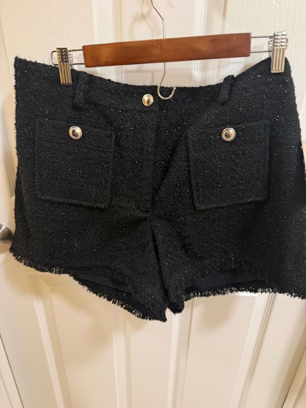 Michael Kors Black Bouclé Tweed Fringe Hem Shorts Size 14 NWT